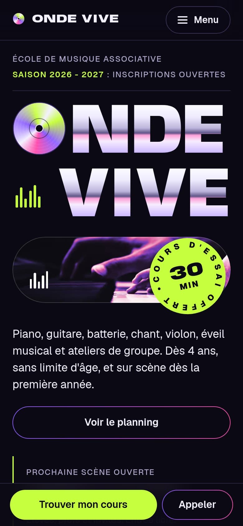 Page d'accueil du site proposé, sur téléphone