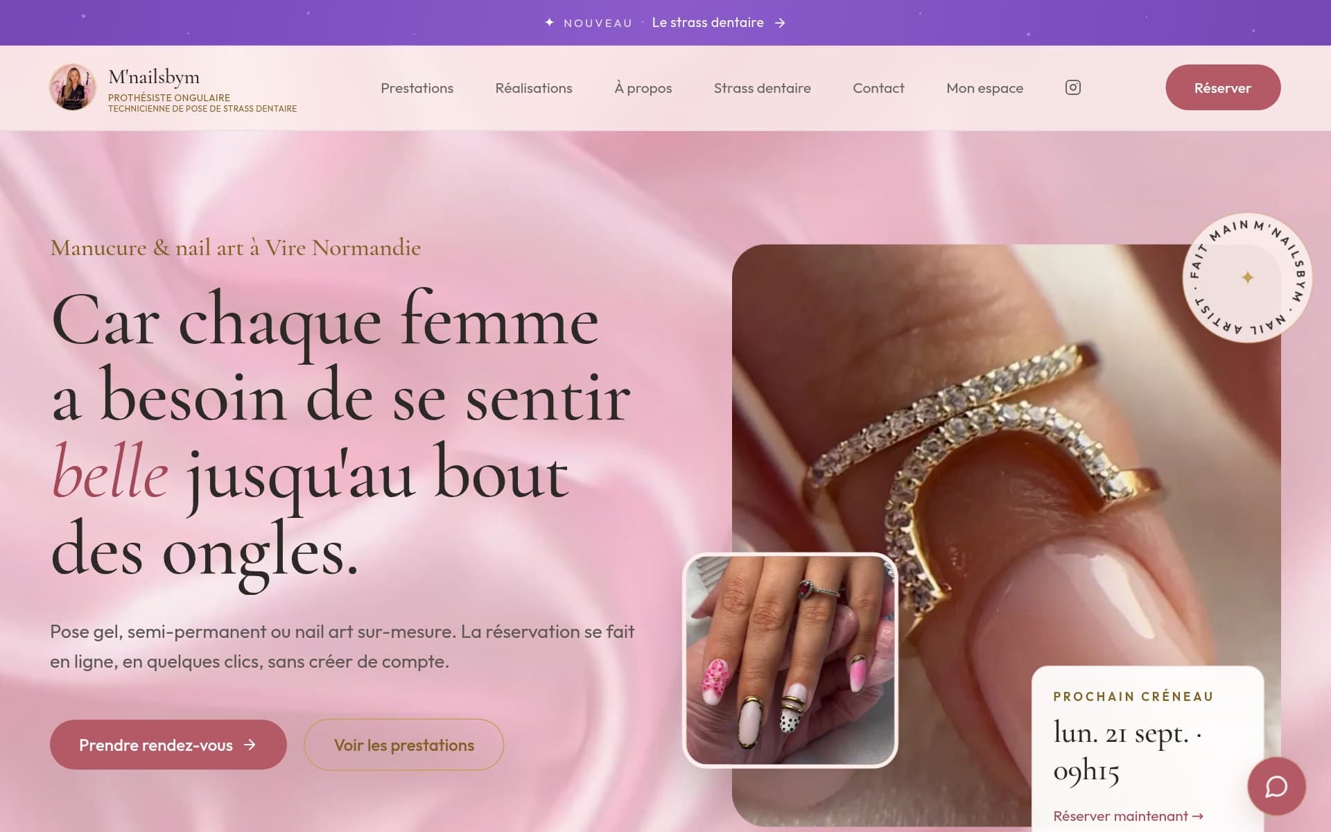 Page d'accueil du site M'nailsbym, sur ordinateur