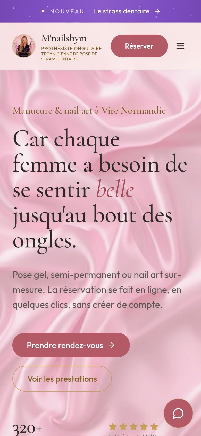 Page d'accueil du site M'nailsbym, sur téléphone