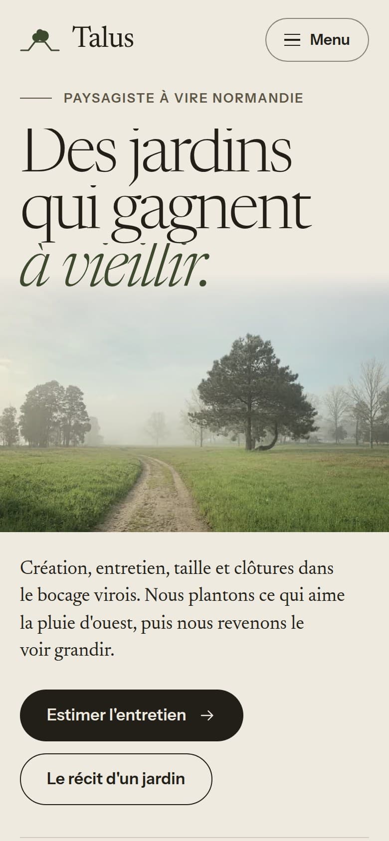 Page d'accueil du site proposé, sur téléphone