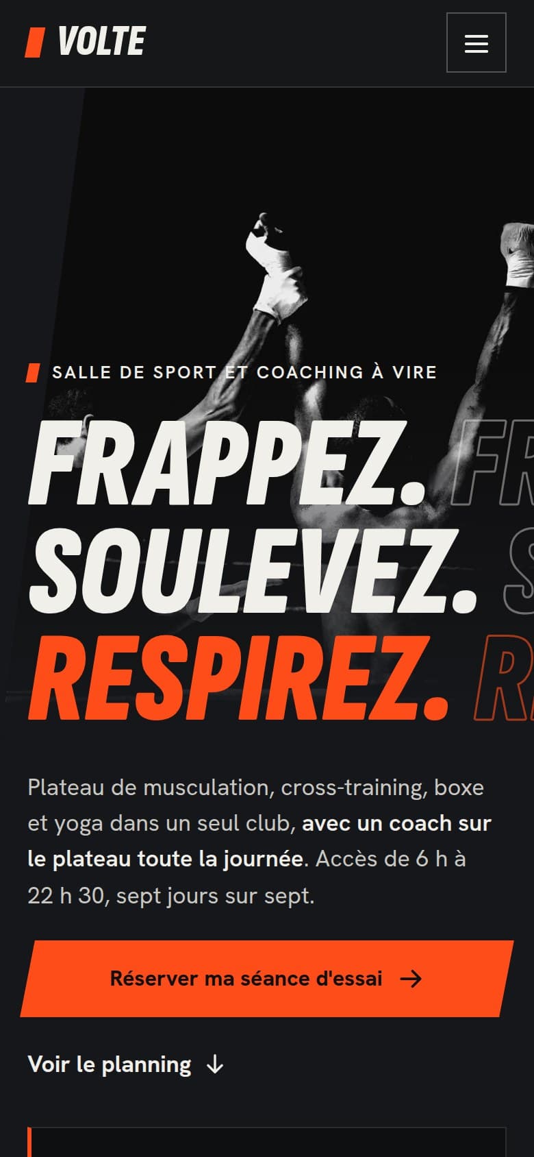 Page d'accueil du site proposé, sur téléphone