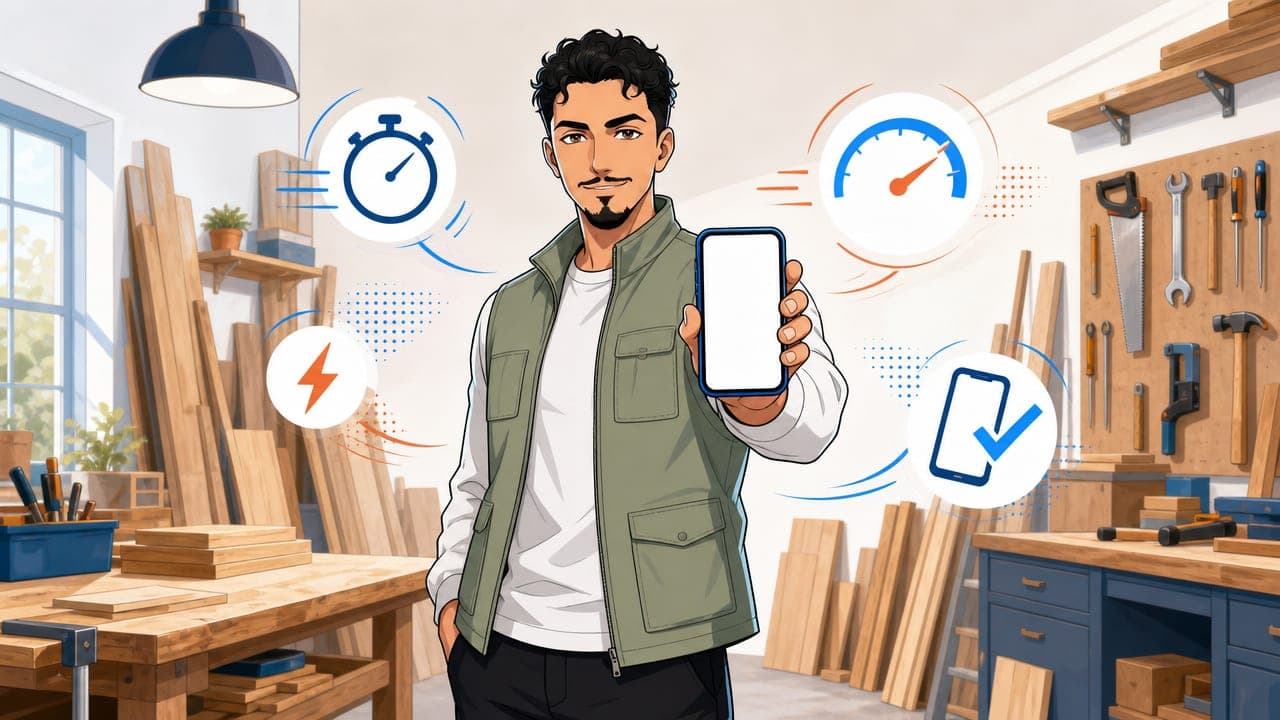 Amine, en gilet de travail vert sauge, debout dans un atelier de menuisier, présente un téléphone ; autour de lui, un chronomètre, une jauge de vitesse, un éclair et un téléphone validé.